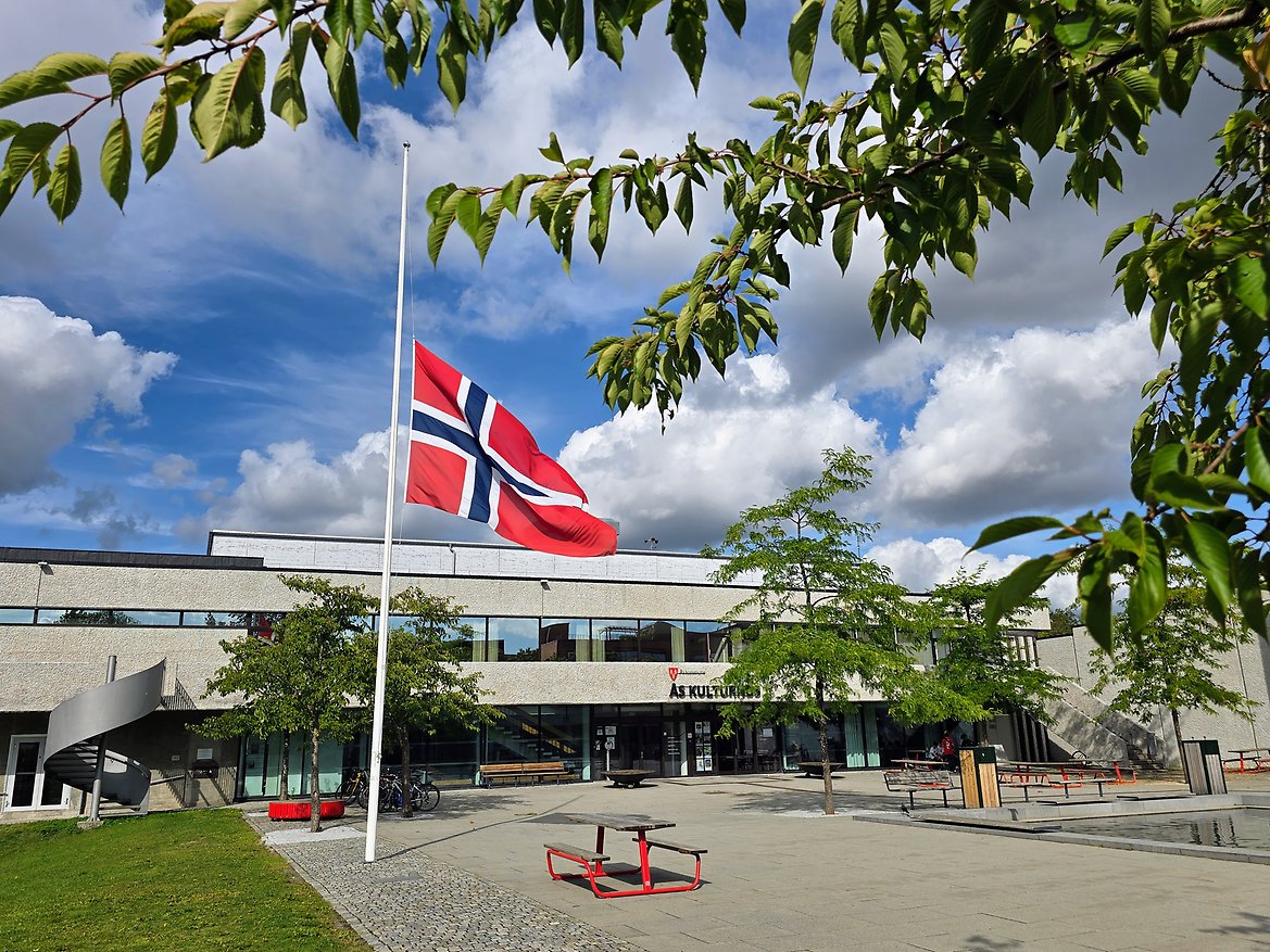 Flagget på halv stang i Borggården i Ås sentrum